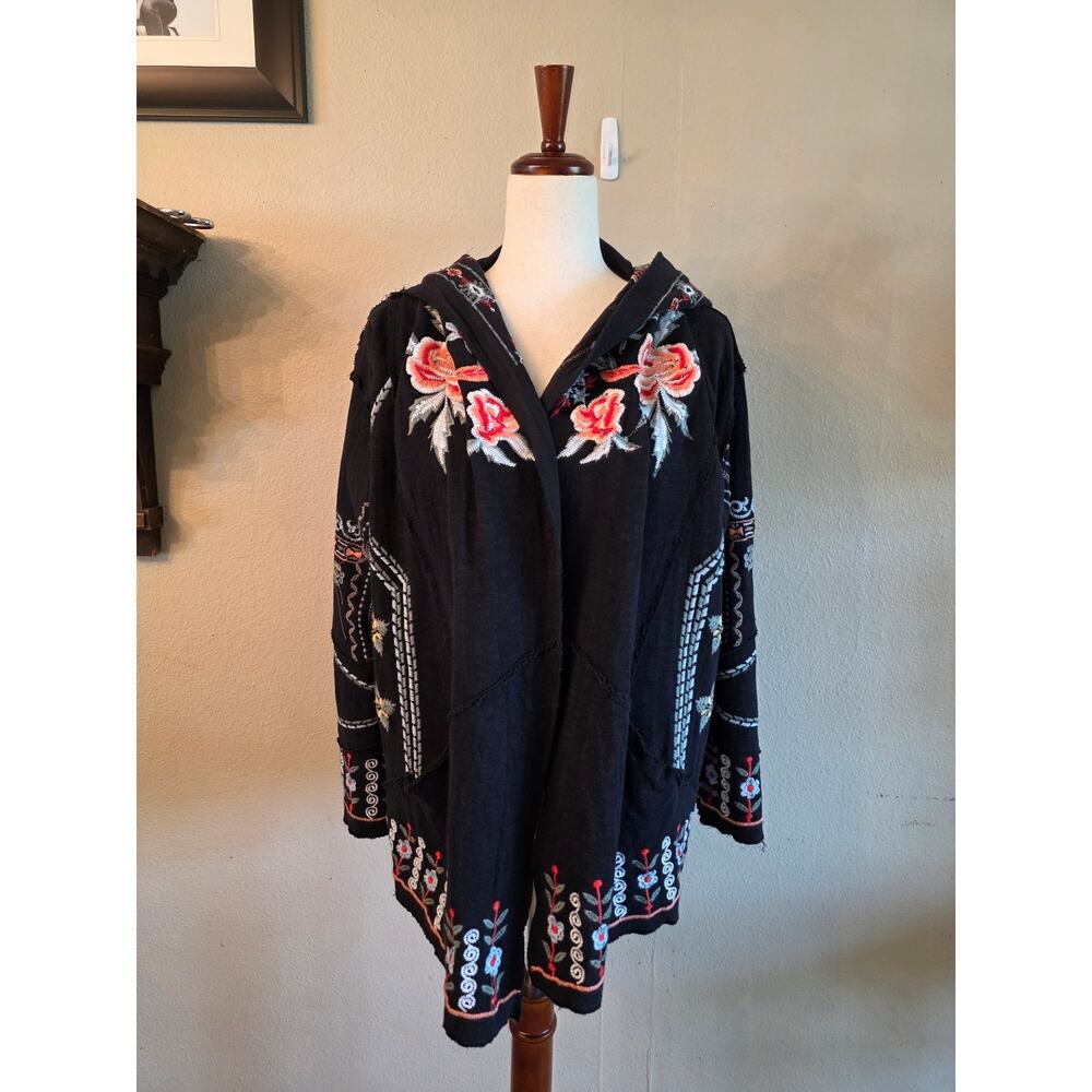 Caite Women's Embroidered Hooded Cardigan Open Jacket SZ XS 100% Cotton Boho